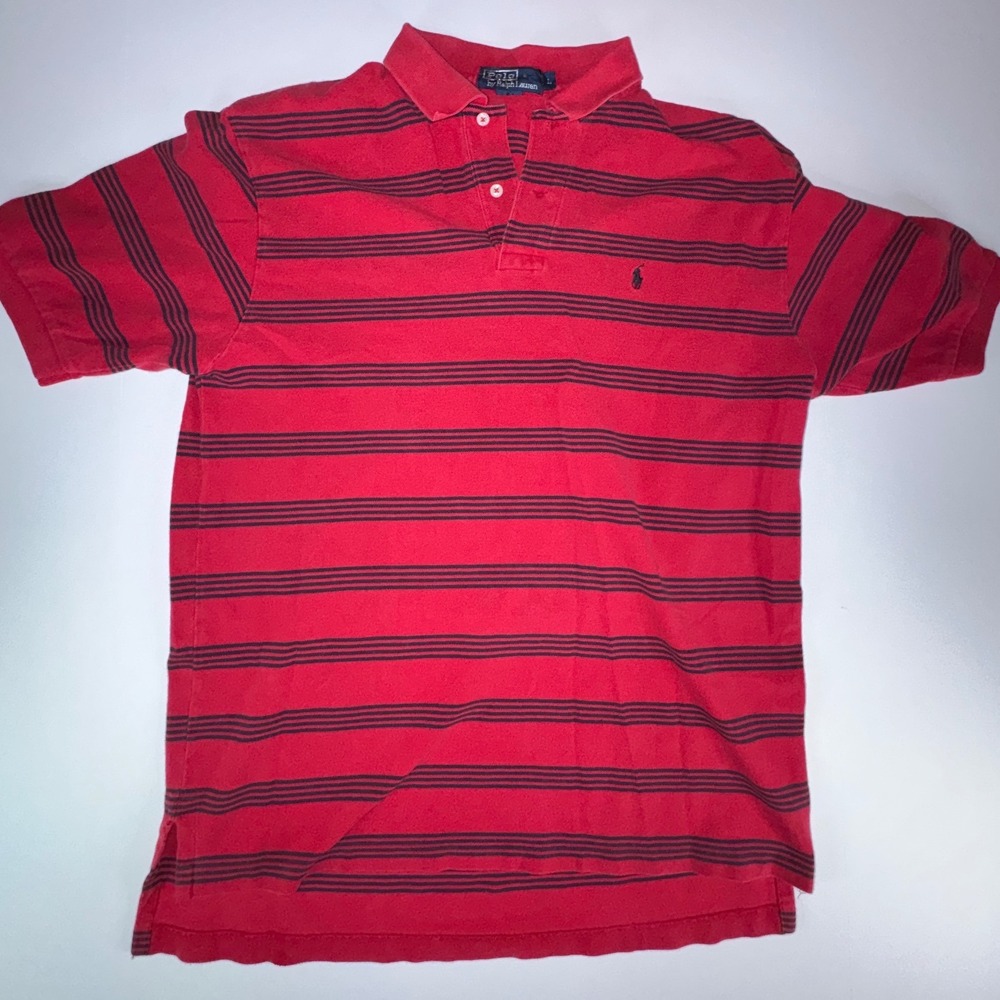 Polo Ralph Lauren Mens Large Red Navy Blue Striped Short Sleeve Pique Polo Shirt